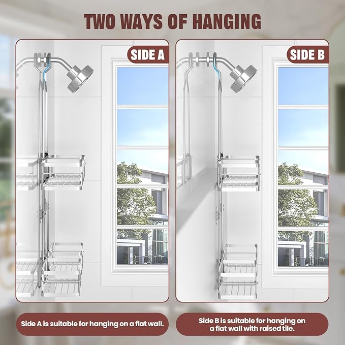 REINHARDT Adjustable Shower Caddy Hanging for Handheld Showerheads, Silver | Patented Shower Organizer, Rustproof, 40lbs Capacity, Anti-Swing, Tool-Free, Suction Cups, 8 Hooks, Soap & Toothbrush Holder
