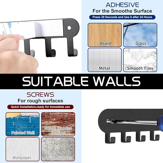 2 Pack Key Holder for Wall, Key Hooks with 10 Hooks, Black | Key Holder Wall Mount Self Adhesive, Key Rack for Wall No Drill for Living Room, Kitchen, Bathroom, Garage