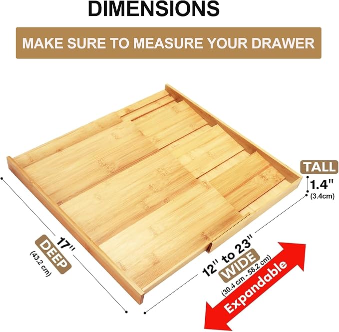 Bamboo Spice Drawer Organizer, (Need 3.1” Deep Drawer) Expandable 4 Tier Spice Rack for Cabinet (From 12" to 23" Wide), Seasoning Storage Insert, Spice Organizer for Drawer,Jars Not Included