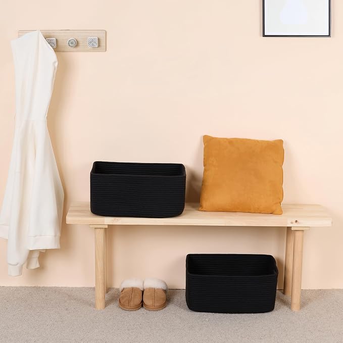 MiniArk Large Storage Baskets for Organizing, 17 x 13 x 7.5” Closet Shelf Baskets for Clothes Blanket Towels, Baby Nursery, Toy Bins Box, Woven Rope Baskets, 4 Packs Black