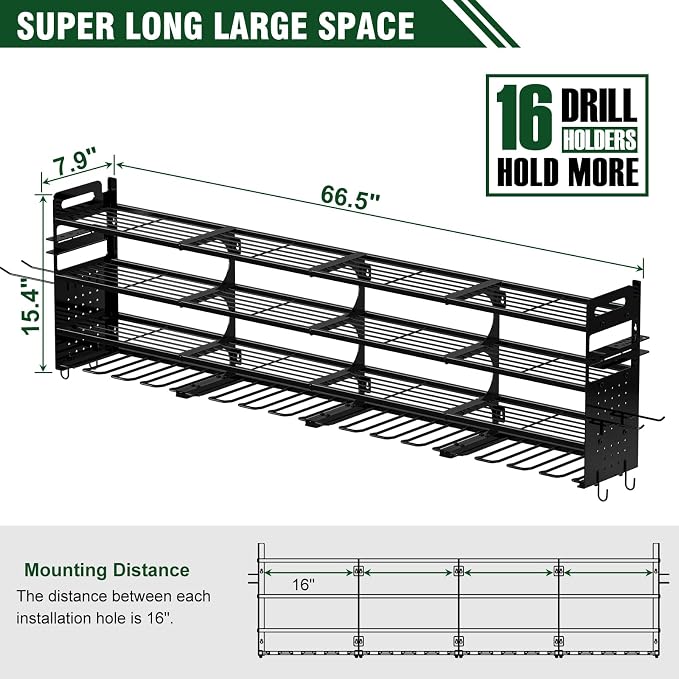 Large Power Tool Organizer Wall Mount, 16 Drill Holders Storage Rack, Black | 4-Tier Heavy-duty Wall Rack Holds 16 Cordless Drills, Saving Valuable Garage and Workshop Space