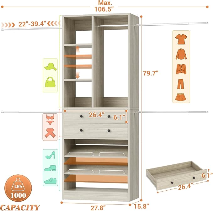 Besiost Closet System, 4.2–8.8 FT Closet Organizer with 2 Wooden Drawers and Shelves, Walk-in Closet System with 5 Hang Rods, Built-in Reach in Closet Tower, Can Fit 60 to 96 inch, Greige Oak