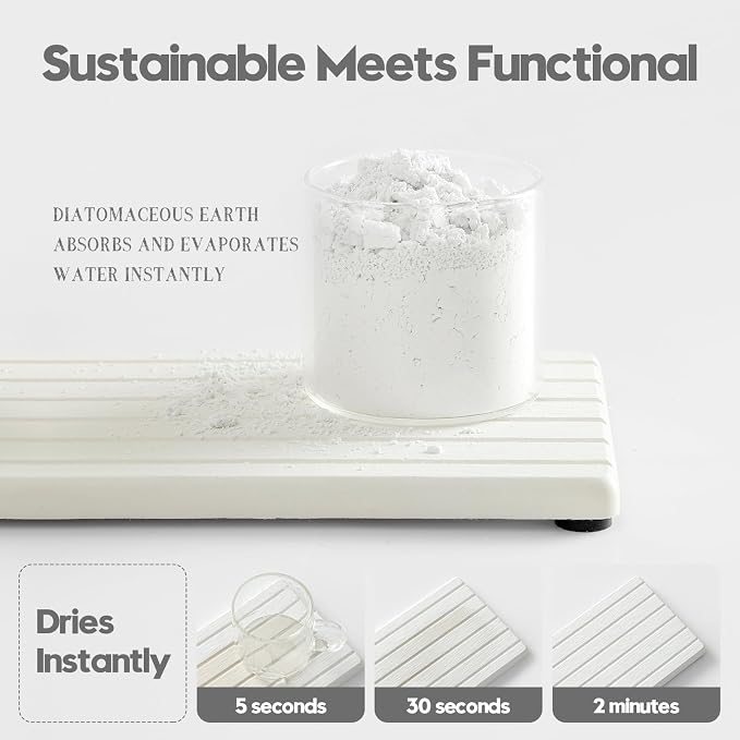 2PCS Water Absorbing Stone Drying Tray Mat for Bathroom Sink & Kitchen Counter Faucet Organizer, Quick Dry Dish Rack Soap Dispenser Sponge Holder, Vanity Sink Caddy Bar Coaster, Ivory White 8“x 4”
