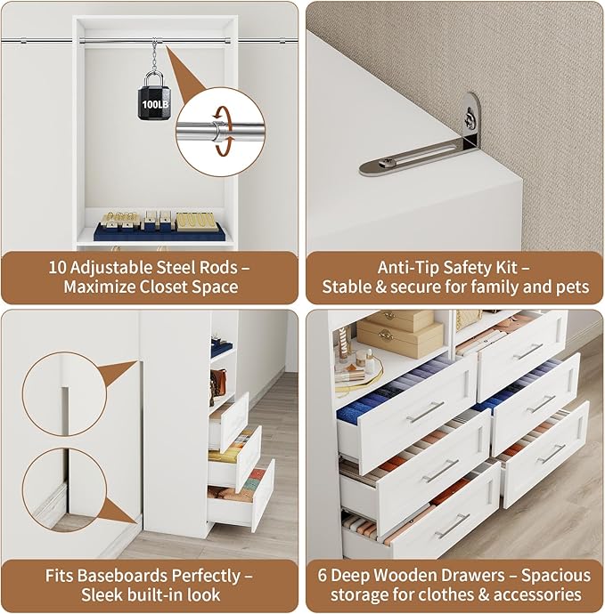 Westcity Closet System with 6 Drawers, 4FT-15FT 2-Piece Closet System, Walk in Closet Organizer System, Modular Closet System with 10 Adjustable Hanging Rods & Shelves, Closet Storage System, White