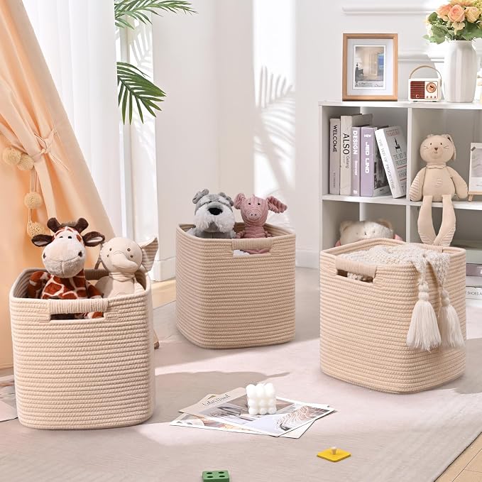 11 Inch Storage Cubes, 3 Pack Cube Storage Bins for Organizing, Cotton Rope Woven Baskets for Shelves, Bathroom, Kids Room, Closets, Baby Nursery