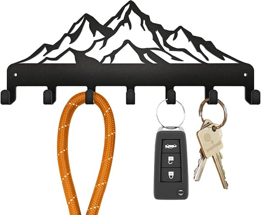 Key Holder – Steel Metal Wall Hanger with Hooks for Keys, Cars & Home | Mountains Design | Rent-Friendly with Strong Adhesive Layer | for Apartment, Garage & Entryway