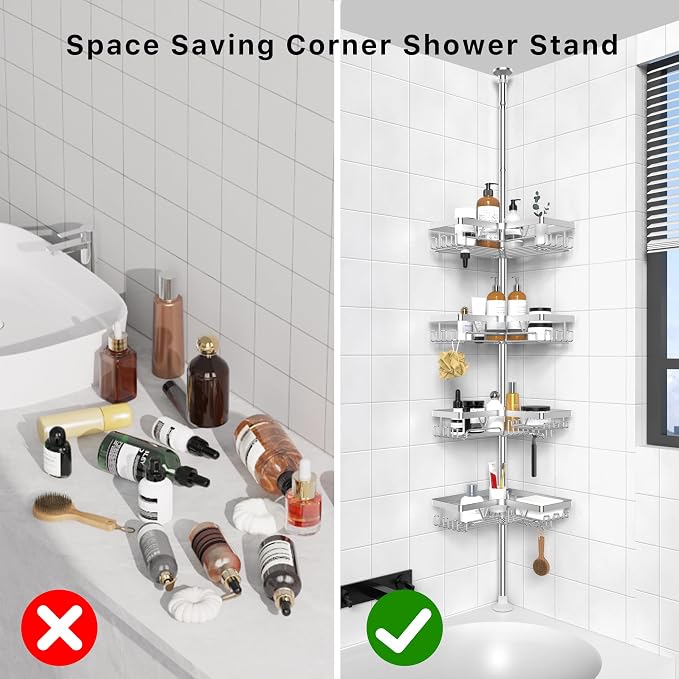 KEGII SUS304 Corner Shower Organizer, Tension Pole Bathtub Caddy, Silver | Stainless Steel Construction with Adjustable Height, Rust Resistant Finish for Shower Corners, Bathtubs and Family Bathrooms