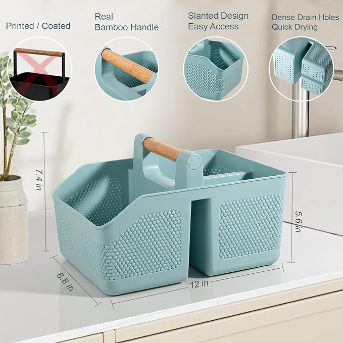 Plastic Shower Caddy Portable Shower Basket with Bamboo Handle, Blue | Cleaning Caddy Organizer Storage Tote for Bathroom, College Dorm Essentials, Bath Toy Storage