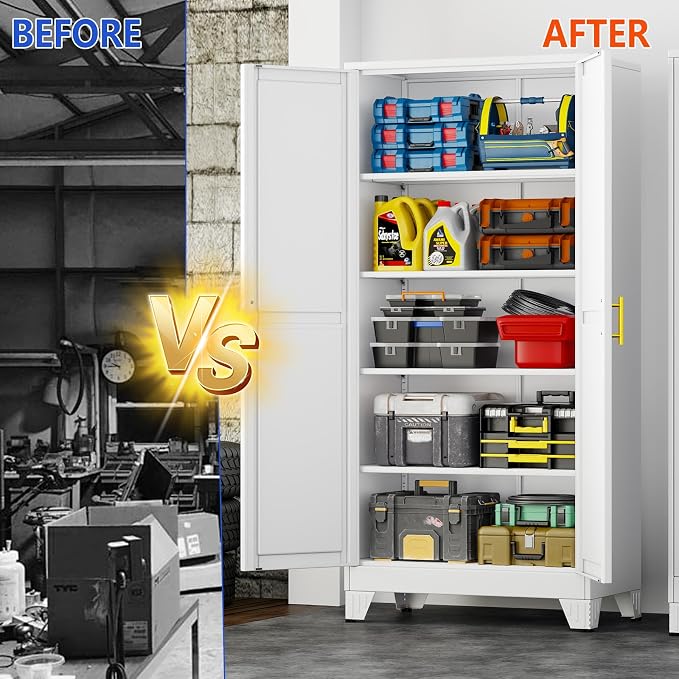 GAIOUS 71''Tall Metal Garage Storage Cabinet,File Cabinet with Door and Adjustable Shelves, Outdoor Steel Tool Cabinet for Home,Office,Warehouse,Garage,White