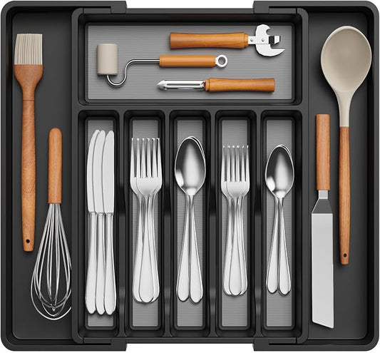 Lifewit Silverware Drawer Organizer, Expandable Utensil Tray for Kitchen, BPA Free Flatware and Cutlery Holder, Adjustable Plastic Storage for Spoons Forks Knives, 33 -57 x 42cm, Black and Gray