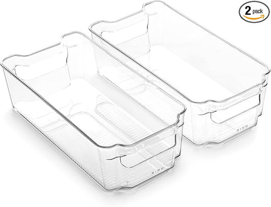 BINO | Stackable Storage Bins, Medium - 2 Pack THE STACKER COLLECTION Clear Plastic Built-In Handles BPA-Free Containers for Organizing Kitchen Pantry Multi-Use Organizer Bins
