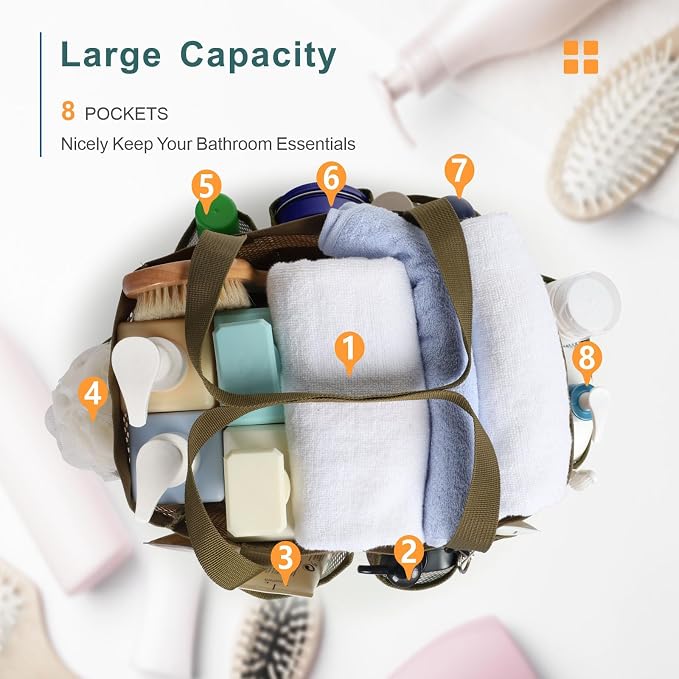 Mesh Shower Caddy Portable - 8 Pockets, S-Hook, Shower Bag for Dorm Camping | 2-Handle, Quick-Dry, Toiletry Organizer, College Dorm Room Essentials for Girls, Gym, Travel & Bathroom, Brown Camouflage