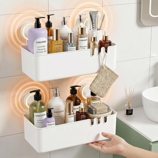 Shower Caddy Suction 2 Pack, Drill-Free Removable Bathroom Organizer, Plastic Storage Shelf Holds Up To 22lbs, For Shampoo Body Wash Conditioner, Kitchen & Bathroom Use, White