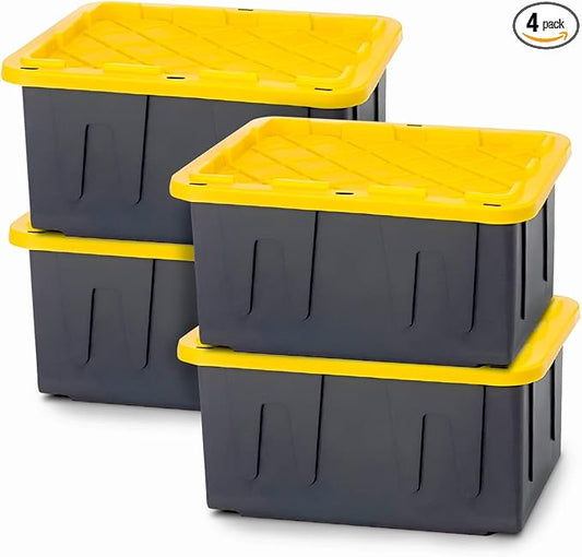 HOMZ 4-Pack Durabilt Tote, Heavy Duty Plastic Storage Bins with Lids, 27 Gallon, Black/Yellow - Stackable Organizing Containers for Home, Garage, and Office