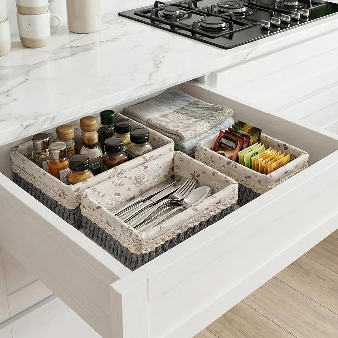 Wicker Storage Baskets, Handwoven Paper Rope Organizer Bins with Removable Floral Liner, Large for Bathroom, Pantry, Shelf, Countertop, Closet (Gray, L)