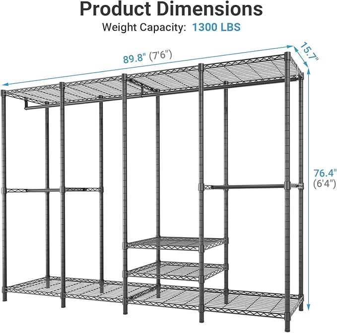 VIPEK V40 Plus Clothes Rack, Large Modular Closet System for Hanging | 89 inch Adjustable Open Clothing Storage System with 6 Shelves & 4 Hang Rods for Bedroom and Reach-in Closet, Black