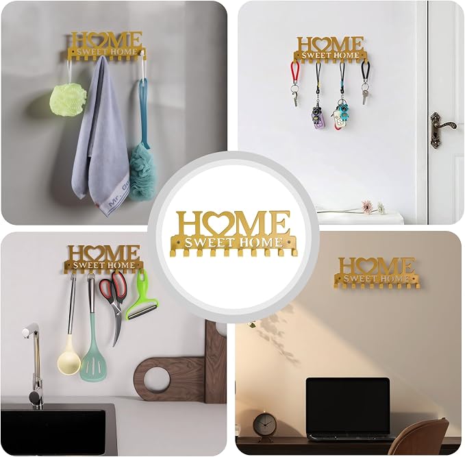 Key Holder Wall Mounted with Screws and Anchors, Gold Multifunctional Key Hanger with 10 Hooks, Entryway Front Door Kitchen Hallway Garage Office
