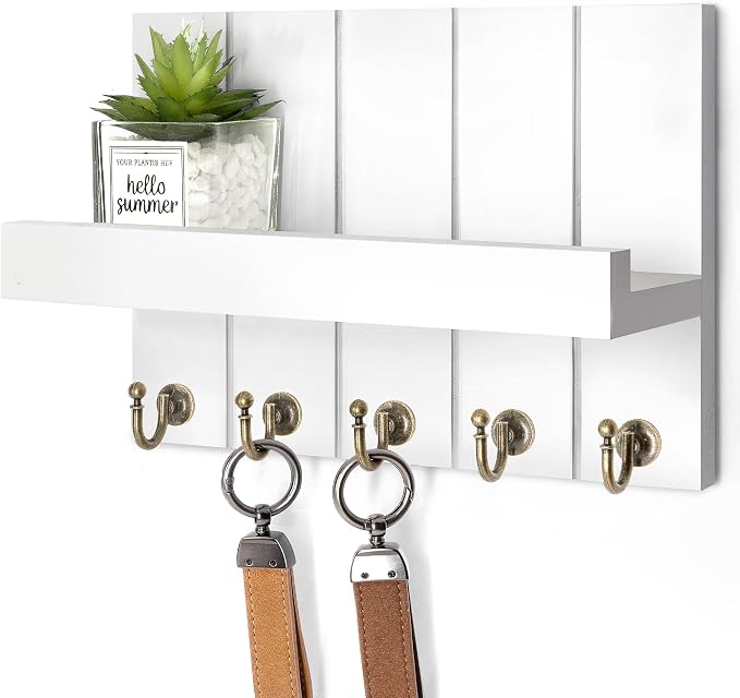 Rebee Vision Key Holder Wall Mount with 5 Key Hooks for Entryway, White | 3.54" x 10" x 7.28", Key Holder for Wall, Mail Organizer, Floating Shelf, Farmhouse Decor, Apartment Essential