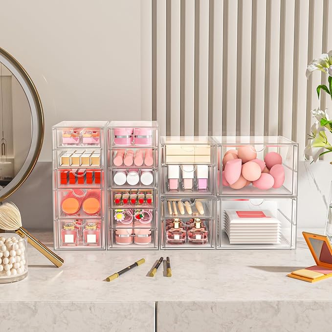 ARSTPEOE 17-Drawer Acrylic Storage & Makeup Organizer for Desk, Bath | Smooth-glide drawers, clear acrylic, 4-set stackable, dustproof, wipe-clean, for serum samples, sheet masks, bobby pins