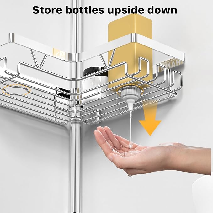 KEGII Corner Shower Caddy Tension Pole, Bathroom Storage Shelf, Chrome | Stainless Steel Design with Soap Holders and Hooks, Adjustable Height for Renters, Apartments and Family Bathrooms
