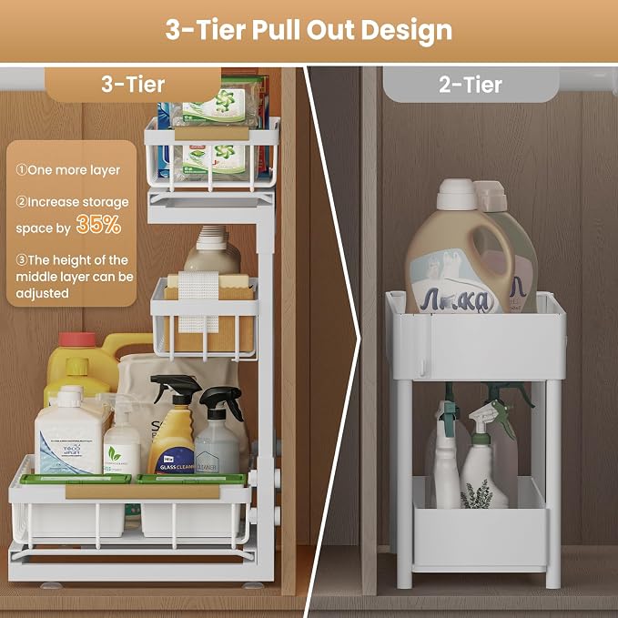 Under Sink Organizer and Storage for Bathroom and Kitchen - 1 Pack 3 Tier Under Cabinet Pull Out Shelf Organizers - Slide Out Drawer Organization for Home Cabinets Shelves and Drawers