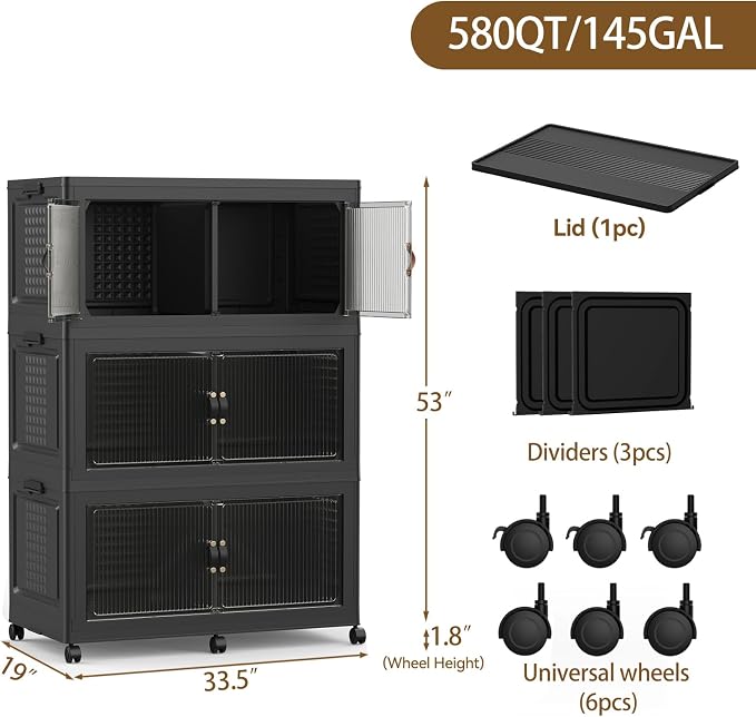 SAILUN 145Gal/579Qt Stackable Storage Bins Folding Collapsible Storage Bins with Lid, Closet Organizers and Storage Box with Door Black 33.5" W x 19" D x 53" H