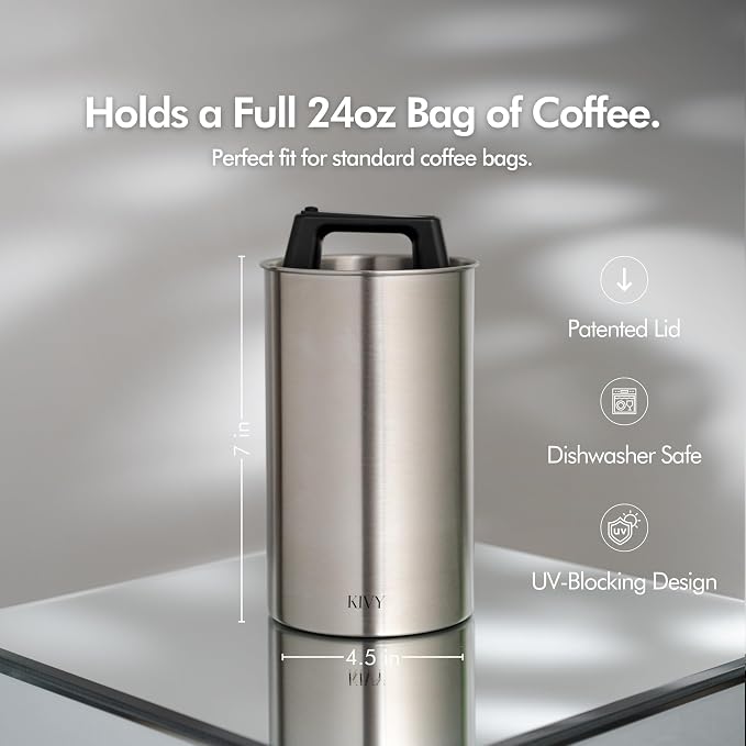 KIVY Vacuum Coffee Canister - Push Lid Preserves Coffee Aroma & Oil - Stainless Steel Airtight Coffee Canister - Removes Excess Air