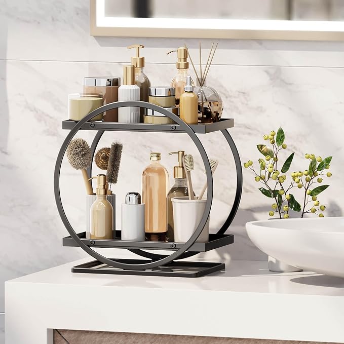 Bathroom Counter Organizer, 2-Tier Black Perfume Organizer Dresser | Bathroom Organizer Counter Shelf, Vanity Makeup Organizer Countertop, Skincare Tray Perfume Holder for Bathroom Sink Storage