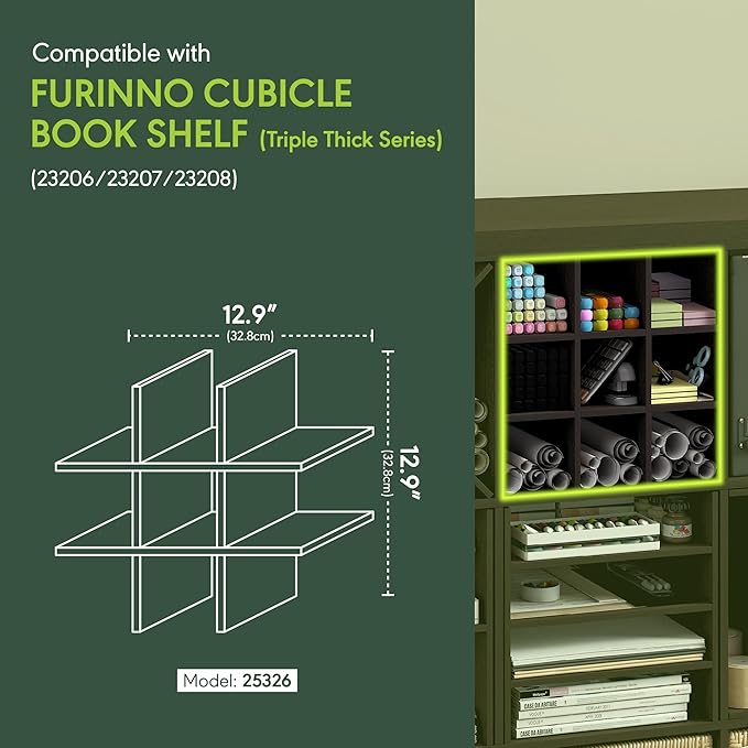 Furinno Cubicle 9-Compartment Cube Insert, Grid Cube Organizer, Dark Oak | 12.9W x 12.9H, Geometric Shelf Accessory, Fits into Furinno Triple Thick Cubes, IKEA Kallax, for Organizers and Storage