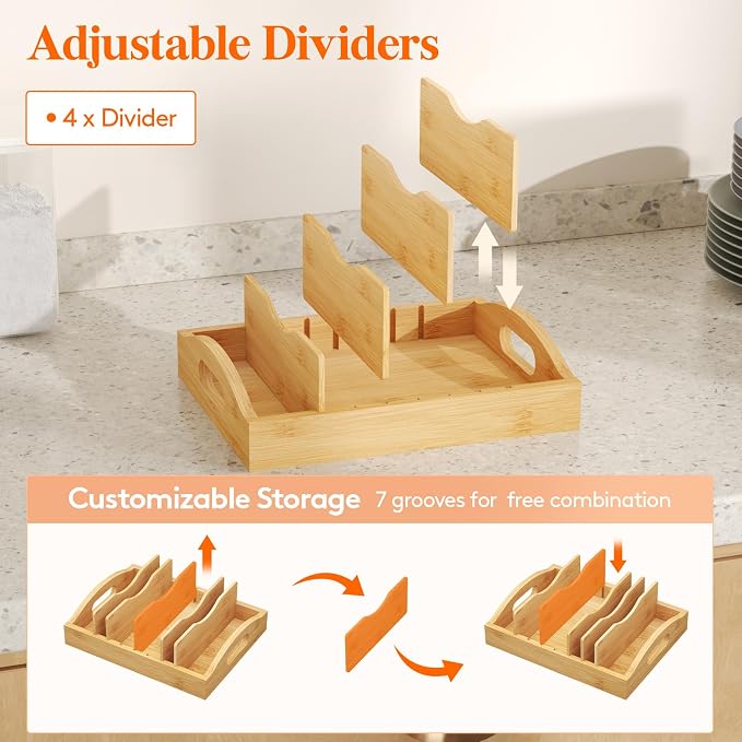 Lifewit Bamboo Lid Organizers for Inside Cabinet, Food Storage Container Lid Holder with 4 adjustable Inserts & 5 Sections, Kitchen Pantry organizer and storage, 10.6" X 8.3"