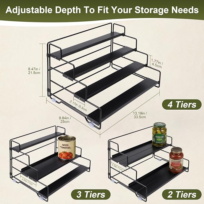 4 Tier Adjustable Spice Rack Organizer for Cabinet & Countertop | Adjustable-Depth Shelves, Tiered Visible Display, Raised Edge Guard, Vertical Space Saver, Metal Construction, Black