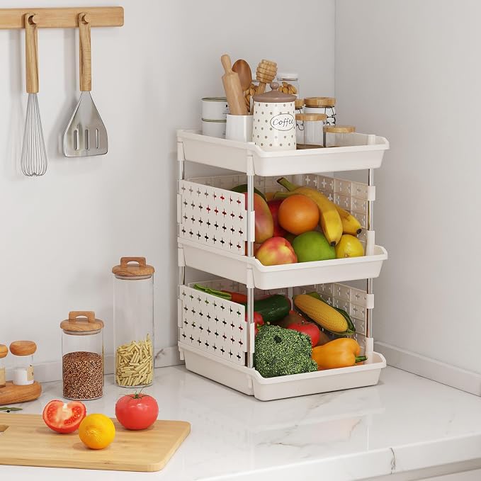 Lifewit 3 Tier Plastic Stackable Storage Baskets for Clothes 1 Pack, White | Stacking Bins for Food, Multifunctional Organizer for RV, Kitchen, Playroom, Pantry and Bathroom