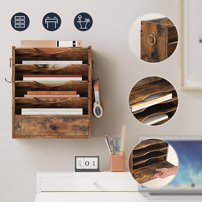 HOOBRO Wall File Organizer, Mail Organizer Wall Mounted, Wooden Literature Organizer, Construction Paper Organizer with Drawer Storage and 2 Hooks, for Office, Classroom, Home, Rustic Brown FG14WF01