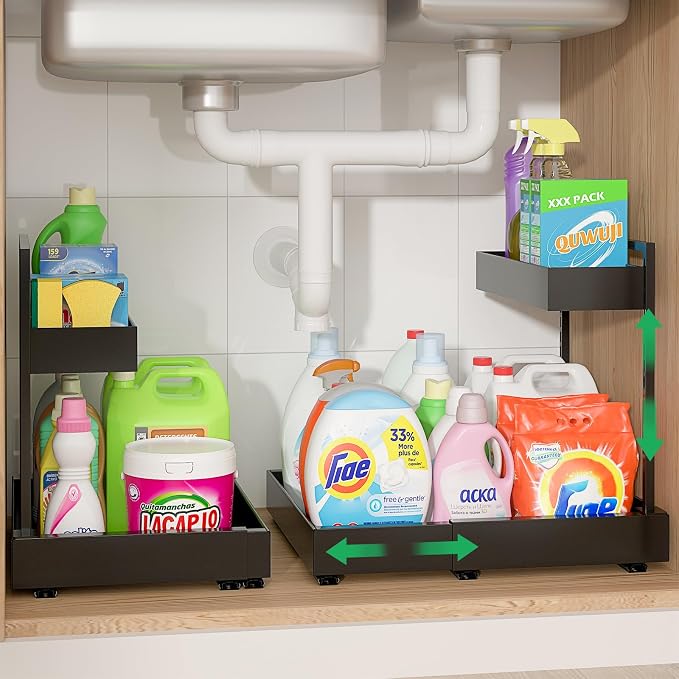 Under Sink Organizer, L-Shaped Pull Out Cabinet Rack for Kitchen | Expandable Width, 6-Level Height, Built For Bathrooms And Laundry Rooms, Quiet Sliding Rails, Duty Alloy Steel Frame,2 Pack