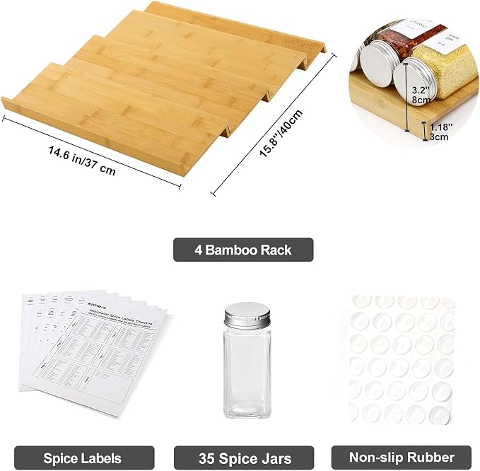 Spice Drawer Organizer with 35 Spice Jars,216 Labels,25 Non-slip Rubber, Bamboo 4 Tier Seasoning Rack Tray Insert for Kitchen Drawers,Cabinets,Countertop,14.6" Wide x 15.8" Deep