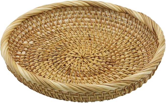 8.7" Round Rattan Basket Small Handwoven Wicker Tray | Small Decorative Bowl for Entryway Table, Natural Wicker Tray for Keys Snacks, Rustic Home Decor for Kitchen Counter Vanity