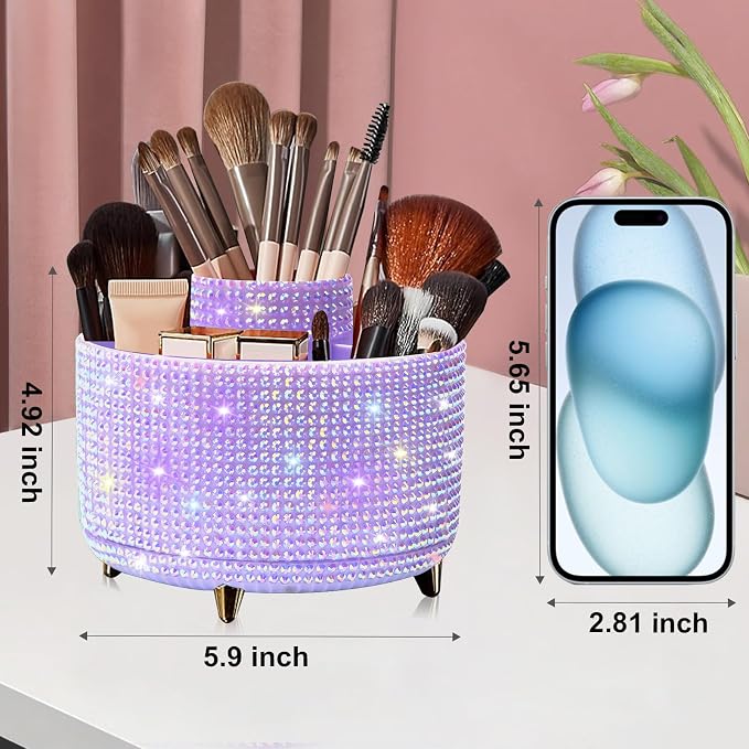 Diesisa Bling Diamond 360° Makeup Brush Holder Organizer, Rotating Makeup Brush Organizer,5 Slot Make up Brushes Cup for Cosmetics, Vanity Desktop Organizer, Gift for Women Teen Girls- Diamond Purple