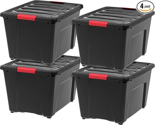 IRIS USA 4-Pack 54 Quart Storage Bins with Lids, Black | Black finish conceals stored items. Perfect for moving, blankets, clothing, and garage storage. Nestable design saves space