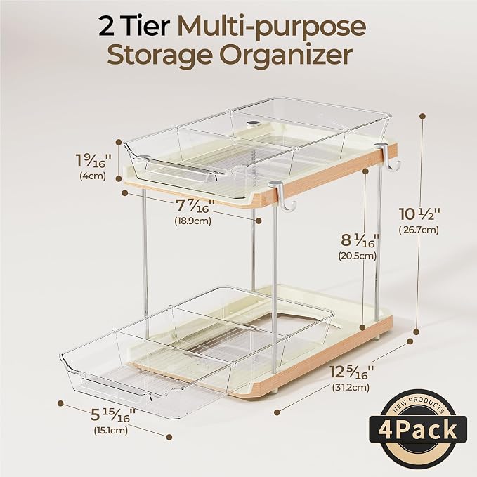 Delamu 2 Tier Under Sink Organizer Bathroom, Bathroom Cabinet Organizer with Snap-Lock Design and Hooks, Pull Out Storage with Movable Dividers, for Countertop, Kitchen and Pantry (White, 4 Pack)