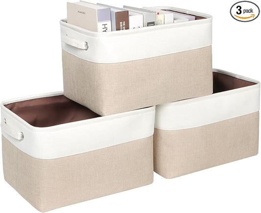 Foldable Storage Bin Collapsible Fabric Storage Basket Cube with Durable Handles Closet Organizer Bins for Organizing Shelves Drawers, Set of 3, 15" x 10" x 9.5", Beige