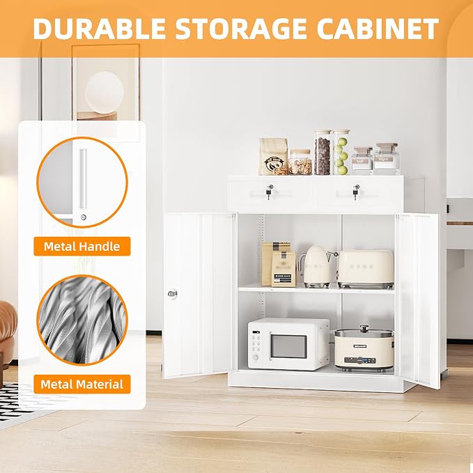 INTERGREAT Metal Storage Cabinet with Drawers, 36”H Lockable Office Storage Cabinets with 2 Doors and Adjustable Shelves, White Steel File Cabinet for Home Office, Garage, School, Apartment(White)