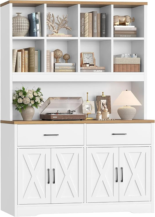 Storage Cabinet with Doors and Drawers, Pantry Cabinets, 5 Tier Floor Standing Bookshelves, Bookshelf and Bookcase, 8 Open Storage Shelves and Printer Stand for Study, Living Room, Office