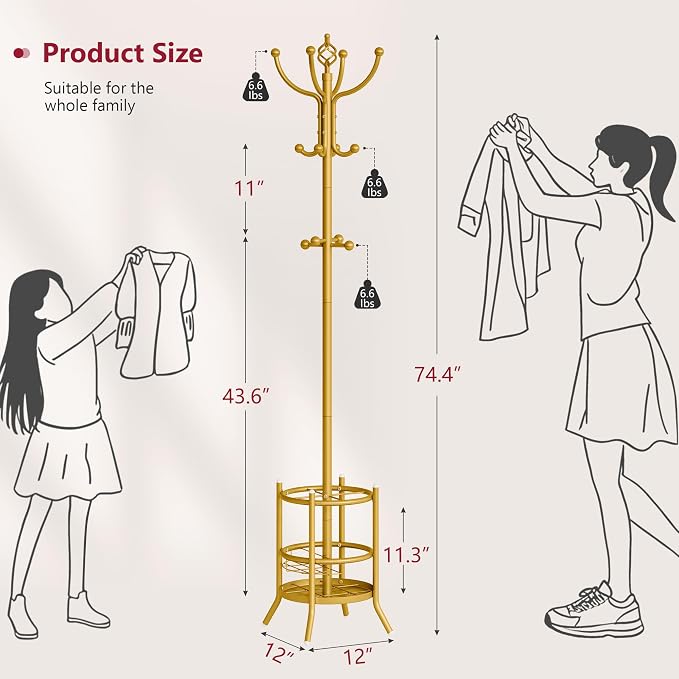 Tajsoon Coat Rack with Umbrella Holder, Coat Tree With 16 Hooks, Gold | 2-In-1 Design, Coat Rack Freestanding, Durable & Stable, Space-Saving, For Living Room, Bedroom, Office