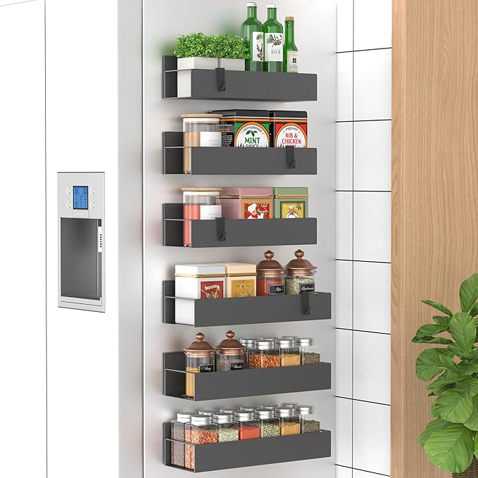 HuggieGems 6 Pack Magnetic Spice Storage Rack Organizer for Refrigerator and Oven, Dark Gray Fridge Organizers and Storage
