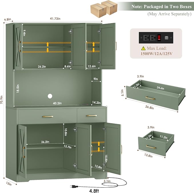 HOSTACK 71"H Kitchen Pantry Storage Cabinet, Farmhouse Hutch Cabinet, Green | Space-Saving Pantry Cabinet with Charging Station & 2 Large Drawers & Adjustable Shelves, Tall Kitchen Hutch for Dining Room