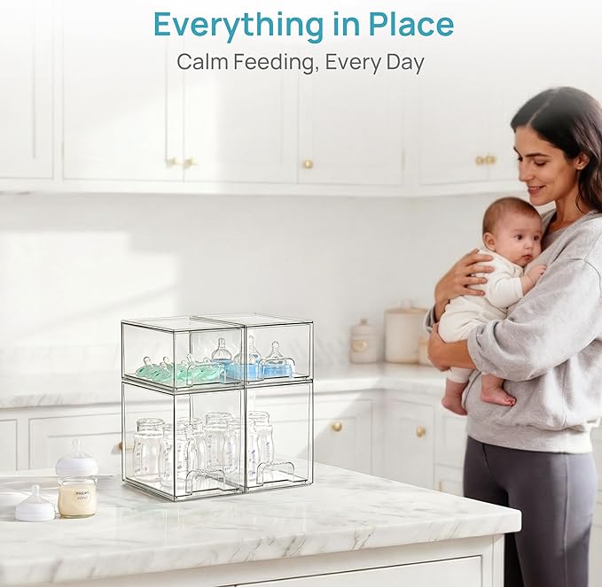 Vtopmart 4 Pack Baby Bottle Organizer Set, Stackable Storage Drawers Ideal for Kichen Countertop, Vanity, Bathroom, Cabinet, Pantry Organization