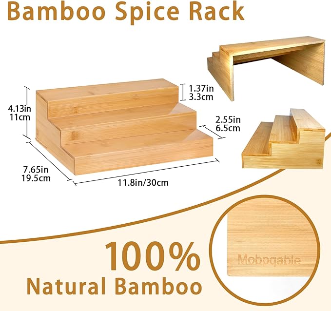 Spice Rack Organizer for Cabinet - 2PCS 11.8in Bamboo Spice Shelf | 3 Tier Seasoning Organizer for Countertop, Kitchen, Pantry - Apply to Standard Spice Jars, Vitamin Bottles, Sauce Cans