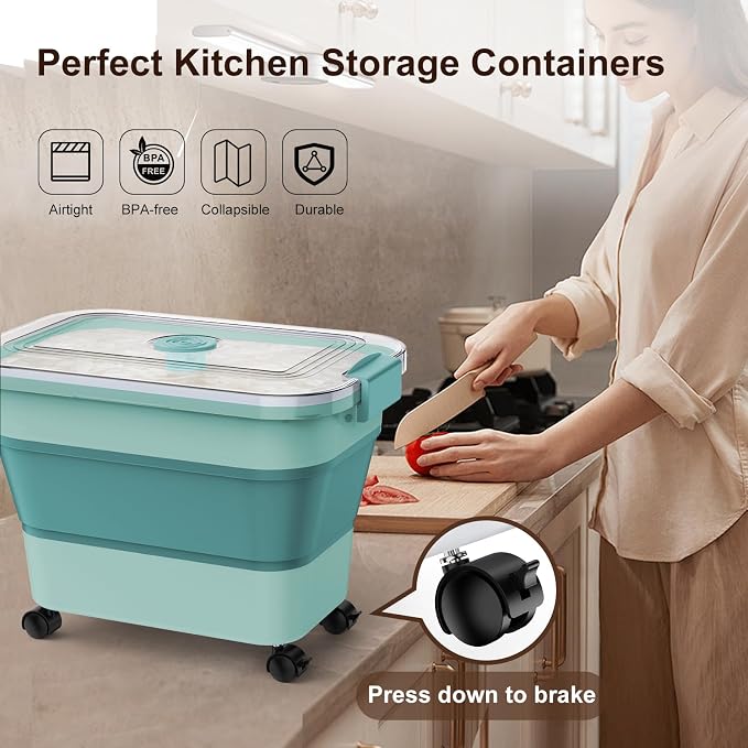 Rice Storage Container, Collapsible Airtight Food Storage Containers 20-30lbs with Clear Lid and Wheels, Rice Dispenser with Scoop for Flour Cereal Pasta Grain, Cat Pet Bird Dog Food Storage Container