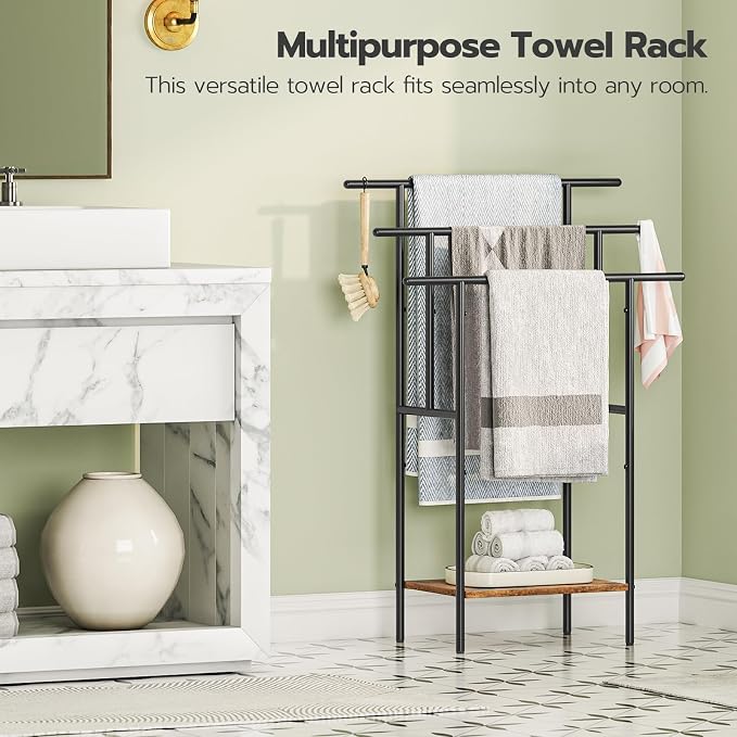 HOOBRO 39.4" Tall Freestanding Towel Rack for Bathroom, 3 Tier Stepped Blanket Rack with Shelf, Oversized Bath Towels Drying and Display Rack, Black and Rustic Brown BF50LB01