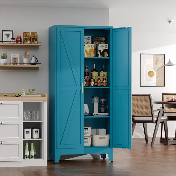 Farmhouse Pantry Cabinet with Barn Doors,61" H x 27.5" W,Metal Cabinet with Adjustable Shelves,4-Tier Storage Cabinet for Kitchen Dining Room Garage,Blue 1 Pack